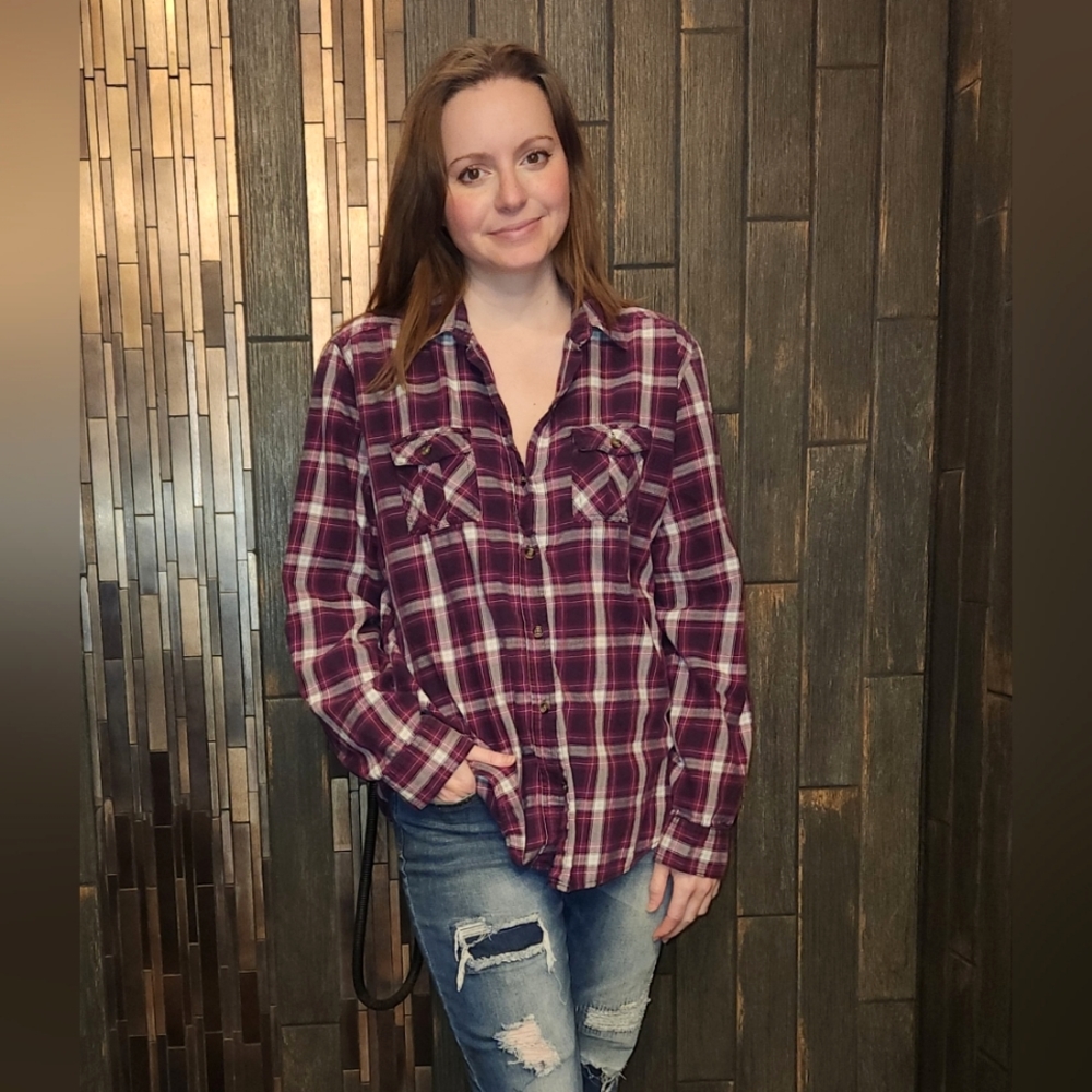 Purple Plaid Button Down Flannel Shirt